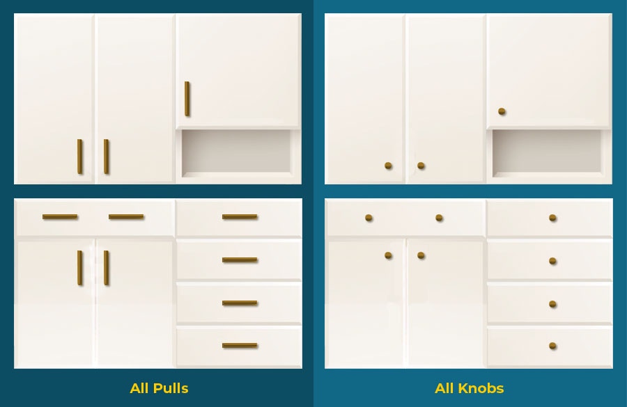 Only pulls and only knobs used on kitchen cabinetry examples