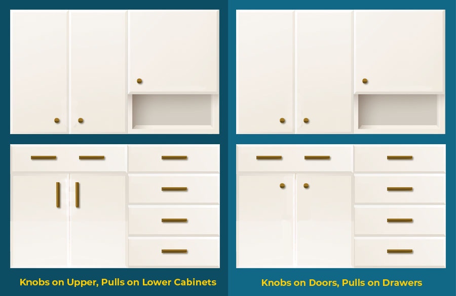 Mixed placement of knobs and pulls on kitchen cabinets