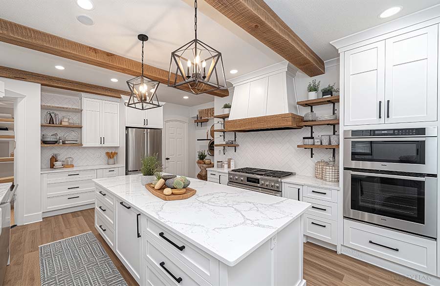 Kitchen cabinets with black pull hardware